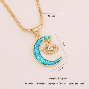 Collier lune doré avec pendentif opale bleue et détail mauvais œil en strass brillant