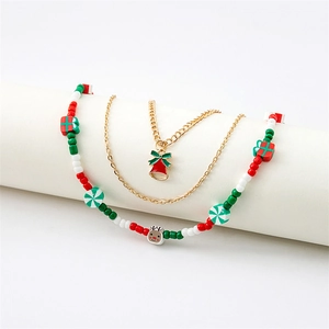 Christmas multilayer gold chain necklace set with red bell and festive bead charms