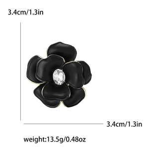 Elegant black enamel flower brooch with gold edges and crystal center for women's suits