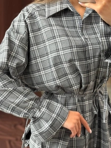 Women's grey plaid long sleeve shirt dress with waist tie and vintage button-down detail