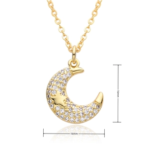 Detailed view of gold crescent moon and star pendant necklace with 16mm size scale