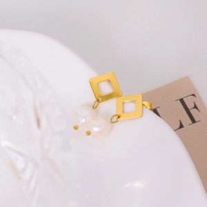 Baroque Natural Artificial Pearl Drop Earrings Hollow Geometric Diamond Titanium Steel Gold Plated Elegant Jewelry For Women