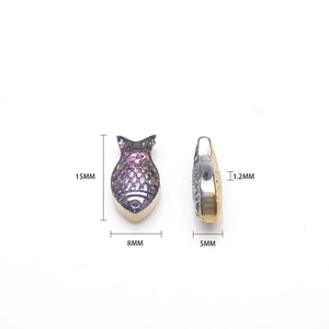 Fish shape pendant 15x8mm with iridescent purple finish and dimensions labeling