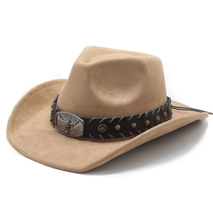 Detail of western cowboy hat featuring a silver bull head buckle and leather strap