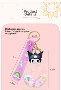 Detailed view of Kuromi oil-filled donut keychain with size dimensions and purple strap