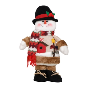 Poupée de bonhomme de neige en peluche avec chapeau noir et écharpe rouge pour Noël
