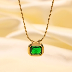 Elegant stainless steel gold necklace with green square zircon pendant on silk