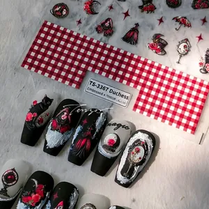 Autocollants ongles 3D en relief avec chat noir gothique et motifs de roses rouges