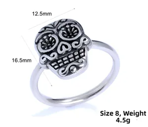 Macro detail of retro stainless steel sugar skull ring with precise measurements