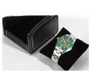 Detail of black PU leather watch box featuring white contrast stitching and velvet pillow