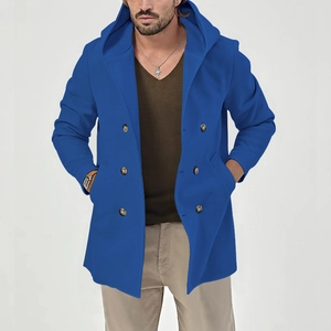 Detail view of bright blue mid-length hooded trench coat with double-breasted buttons