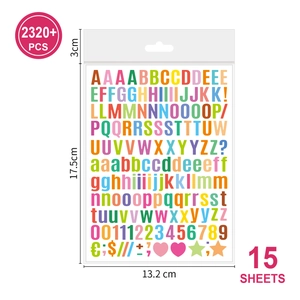 Detail of 15 sheets alphabet sticker set with dimensions 13.2x17.5cm and 2320 pieces