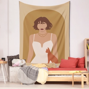 Detail of Bohemian tapestry with abstract female and cat illustration on bedroom wall