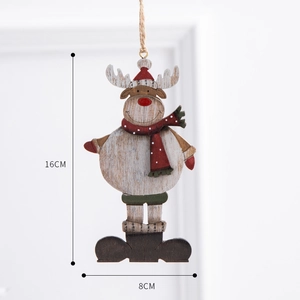 Vintage wooden Christmas reindeer ornament with red scarf and hat for tree decoration