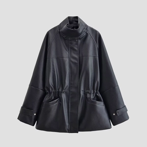 Women PU Faux Leather Jacket Adjustable Waist Long Sleeve Zipper Solid Color High Neck Casual Fashion Outerwear