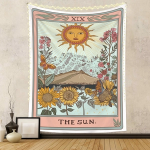 Bohemian tarot tapestry featuring The Sun illustration with sunflower and butterfly