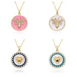 Luxury Copper Gold Plated Enamel Bee Lion Head Pendant Necklace For Women Rhinestone Inlaid Vintage Fashion Jewelry