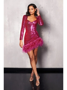 Detailed close-up of rose pink sequin dress featuring ostrich feather trim and heart neckline