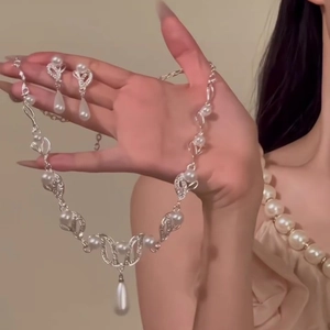 Silver leaf necklace and waterdrop pearl earring set with sparkling crystals for women