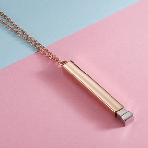 Minimalist rose gold rectangular pendant necklace with silver accent on dual-tone background