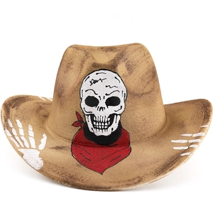 Vintage Western Cowboy Hat Polyester Felt Distressed Hand Painted Skull Red Scarf For Halloween Party Cosplay Biker Style