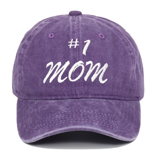Detail of #1 MOM white embroidery on vintage purple washed cotton baseball cap
