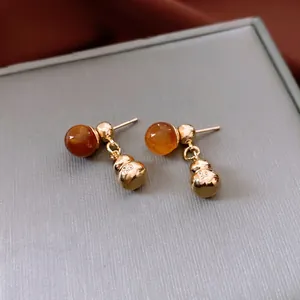 Retro acrylic gourd earrings with brown beads and gold-plated 925 silver finish