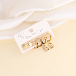 Golden stainless steel earring set featuring teddy bear designs and colorful zircon accents