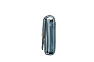 Detail view of Morandi blue tri-fold wallet with side zipper pocket and multi-layer slots