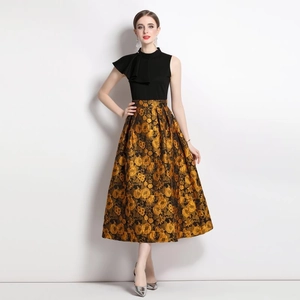 Retro jacquard dress with stand collar and elegant single-sided ruffle shoulder detail