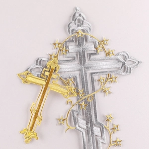 Detailed gold and silver baroque cross embroidery patches with star wrap decoration