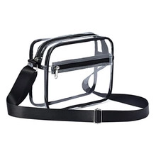 Detail view of transparent PVC crossbody bag with adjustable black strap and front pocket