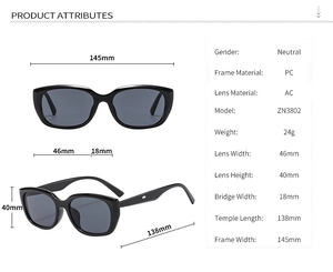Detaillierte technische Spezifikationen und Maßtabelle für schwarze Cat-Eye Sonnenbrillen