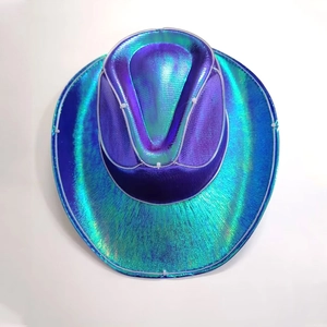 Macro detail of holographic laser cowboy hat with purple and green gradient metallic finish