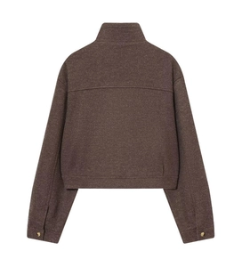 Back view of a cropped dark brown wool jacket featuring minimalist workwear seam details