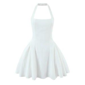 Weißes Neckholder Minikleid Für Damen Rückenfrei Schlank Ausgestellter Saum Strukturierter Jacquard Sexy Elegant Sommerparty Ärmellos