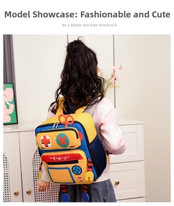 Detail showing the colorful robot cartoon backpack with mesh pocket on young girl