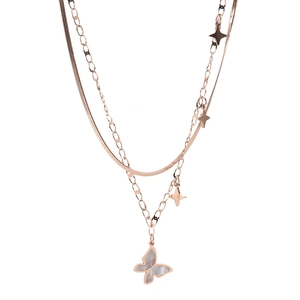 Double-layered titanium steel butterfly and star necklace in rose gold finish