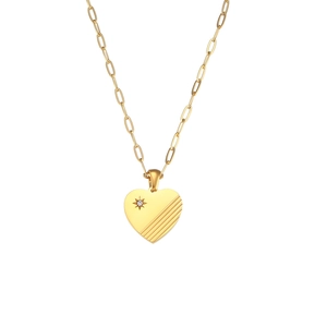 18K gold plated stainless steel heart necklace with diagonal stripes and star-set zircon