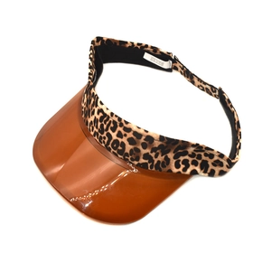 Women's sun visor hat with leopard print headband and brown transparent PVC brim