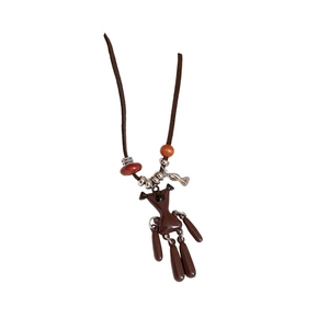Retro cute brown bear pendant necklace with dark leather cord and stylish beads