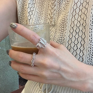 Minimalist S925 sterling silver multilayer irregular ring and beaded jewelry set