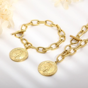 Golden stainless steel Cuban chain bracelets with engraved coin pendants and T-bar toggle