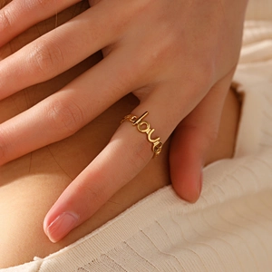 Minimalist 18K gold plated LOVE adjustable open ring for women in high polish finish