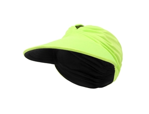 Detail of wide brim sun visor with neon green exterior and black interior lining