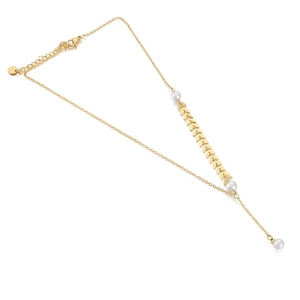Minimalist gold wheat leaf necklace with elegant pearls on a clean white background