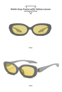 Detailed views of retro oval sunglasses with matte grey frames and bright yellow lenses