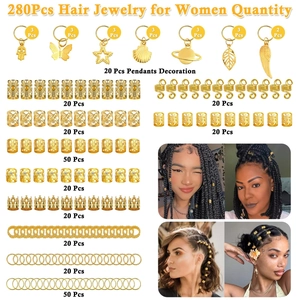 280pcs gold hair jewelry set featuring butterfly and shell pendants for braids and dreadlocks