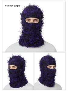 Three-way view of a black and purple knit balaclava mask with long fuzzy yarn texture