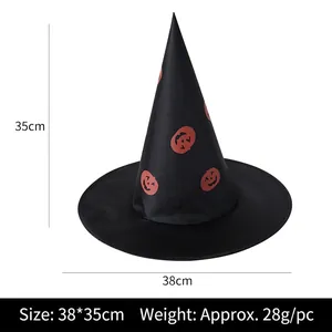 Halloween black pointed witch hat with orange pumpkin print, size 38x35cm dimensions